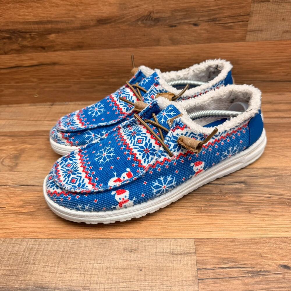 Hey Dude Wendy Ugly Women Size 8 Sweater Blue Snowman Shoes